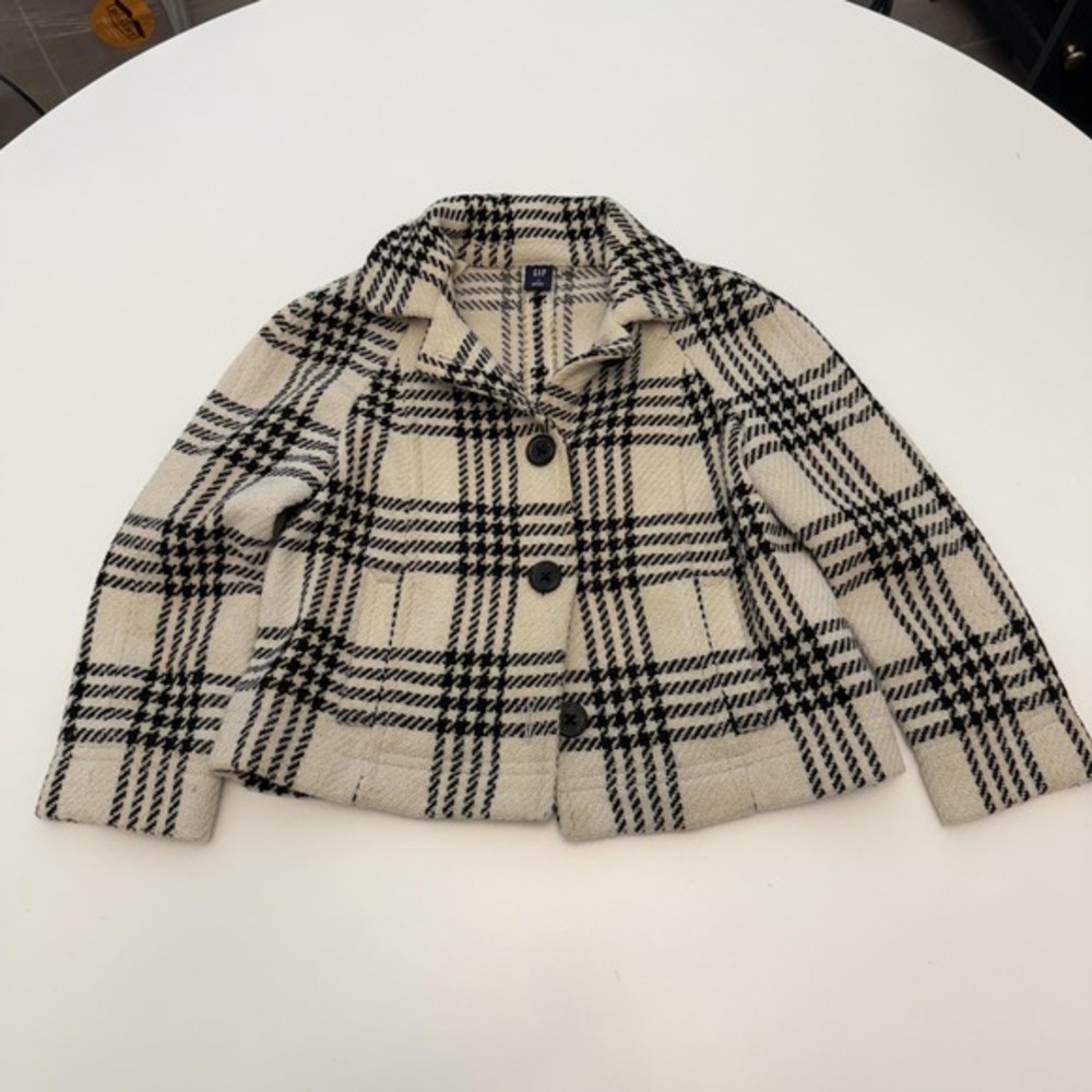 Gap‎ Plaid Tweed RN54023 Black White Wool Blend Button Jacket Women Small